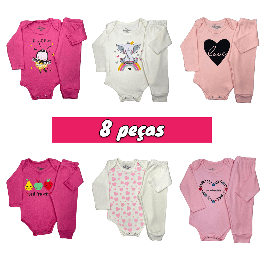 Kit Body Bebe 8 Peças 100% Algodao Premium - 4 Conjuntos de Body Bebê MENINA
