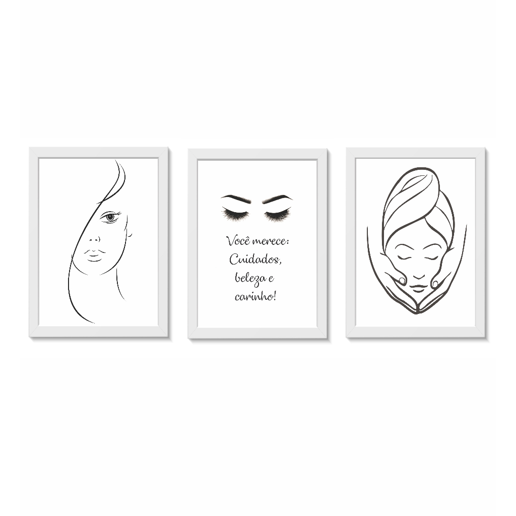 Kit 3 Quadros Decorativos Massagem Clínica  Estética Beleza Molduras 20x30cm Madeira Vidro Cor Brancas