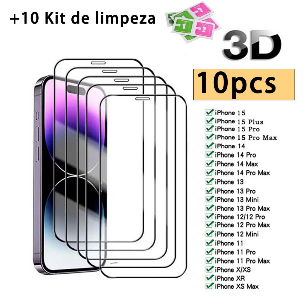 Kit 10 Película De Vidro Temperado 9H Para iPhone X Xs Xr 11 Pro Max 12 13 14 15 16 Pro Max em Oferta na Shopee