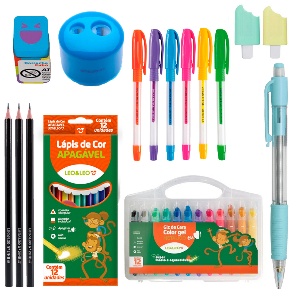 Kit Material Escolar Giz De Cera Gel Lapis Cor Marca Texto Caneta Gel Apontador Lapiseira - Leo e Leo