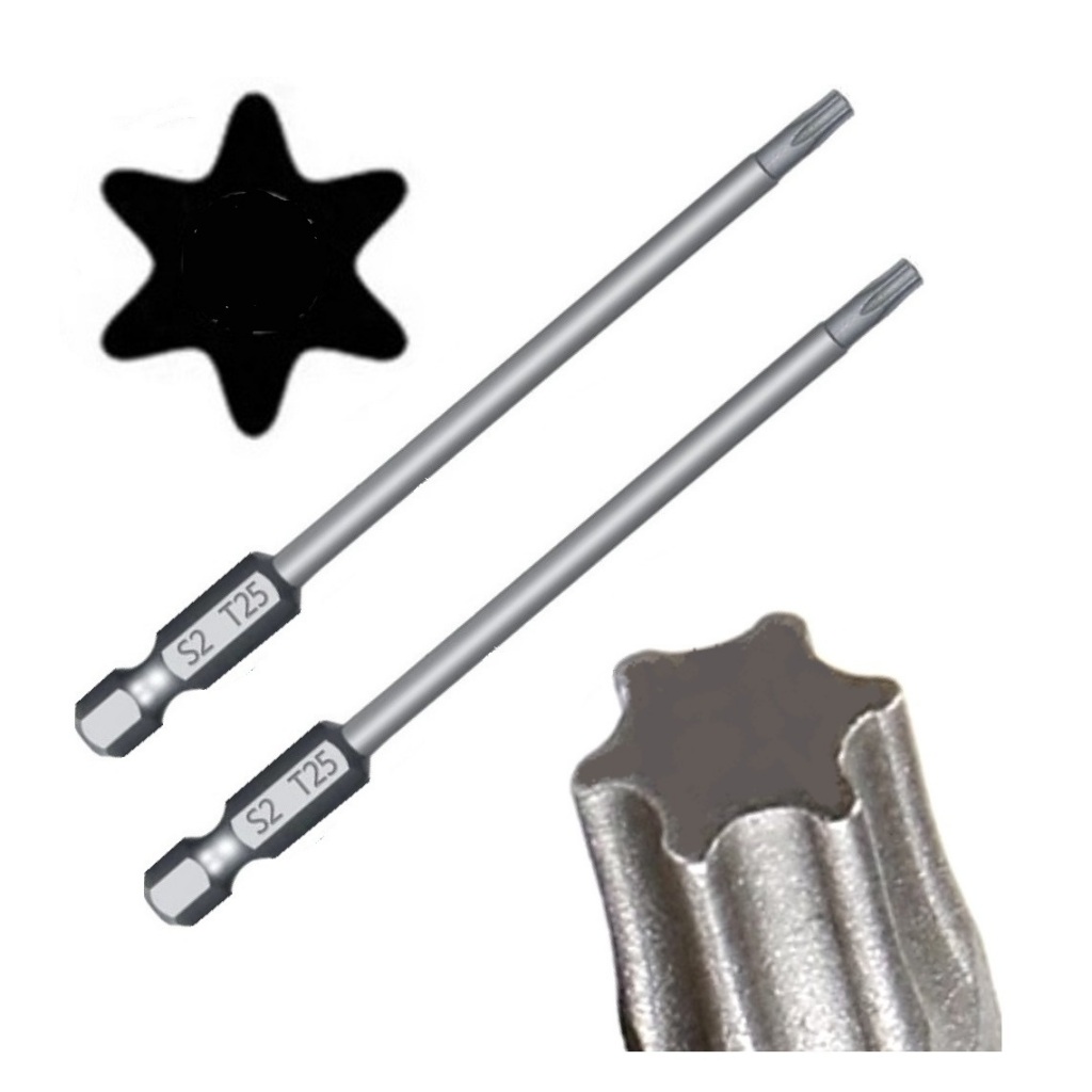 2 Ponteira Bits Torx Longo Ponta T25 x 100mm Comprimento Para Parafusadeira
