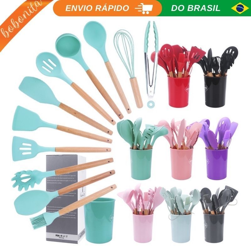 Kit C/12 Peças Utensílios De Cozinha Colheres Espatula Silicone Cabo Madeira Decoração Livre BPA