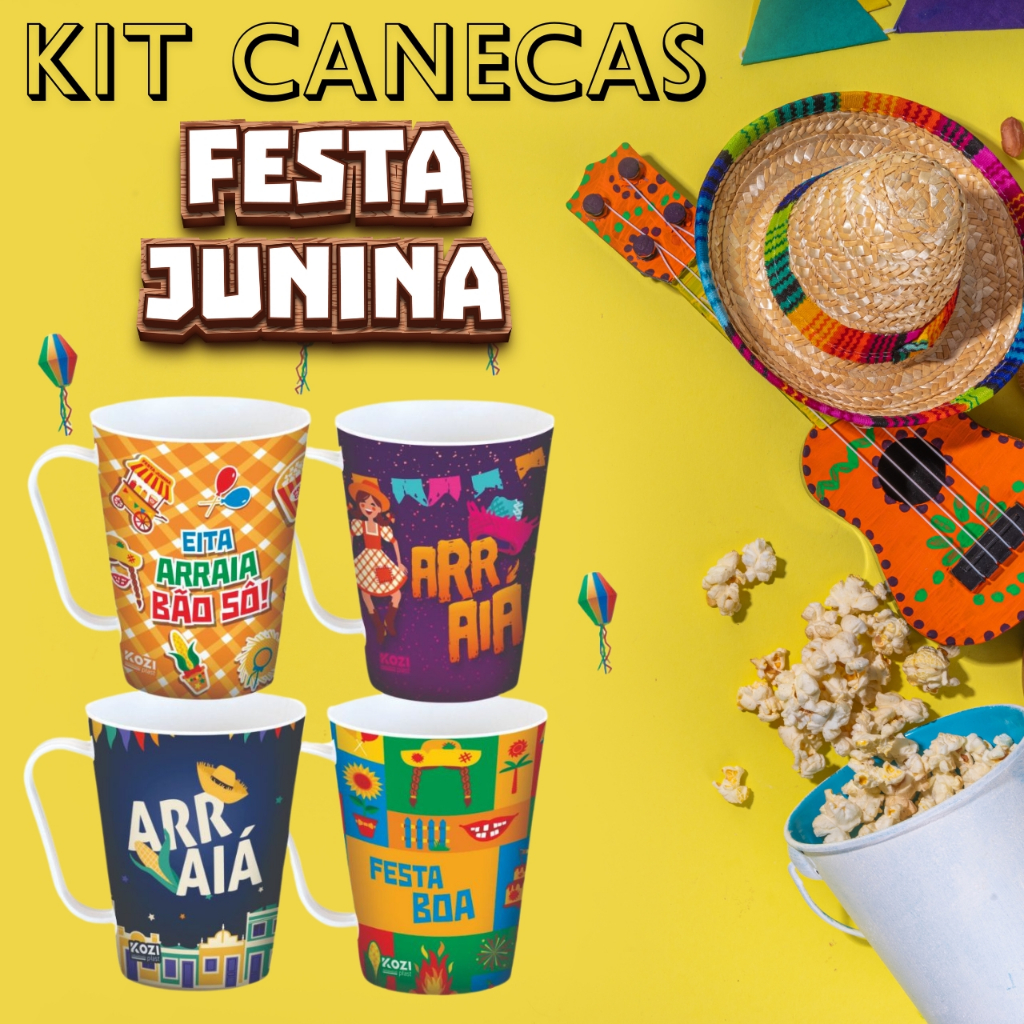 Kit Com 5 e 10 Canecas Decoradas Plástico 430ml Festa Junina São João Atacado Revenda Vinho Quente Quentão Caipira BPA FREE micro-onda, Freezer e Lava-louças Sortidas