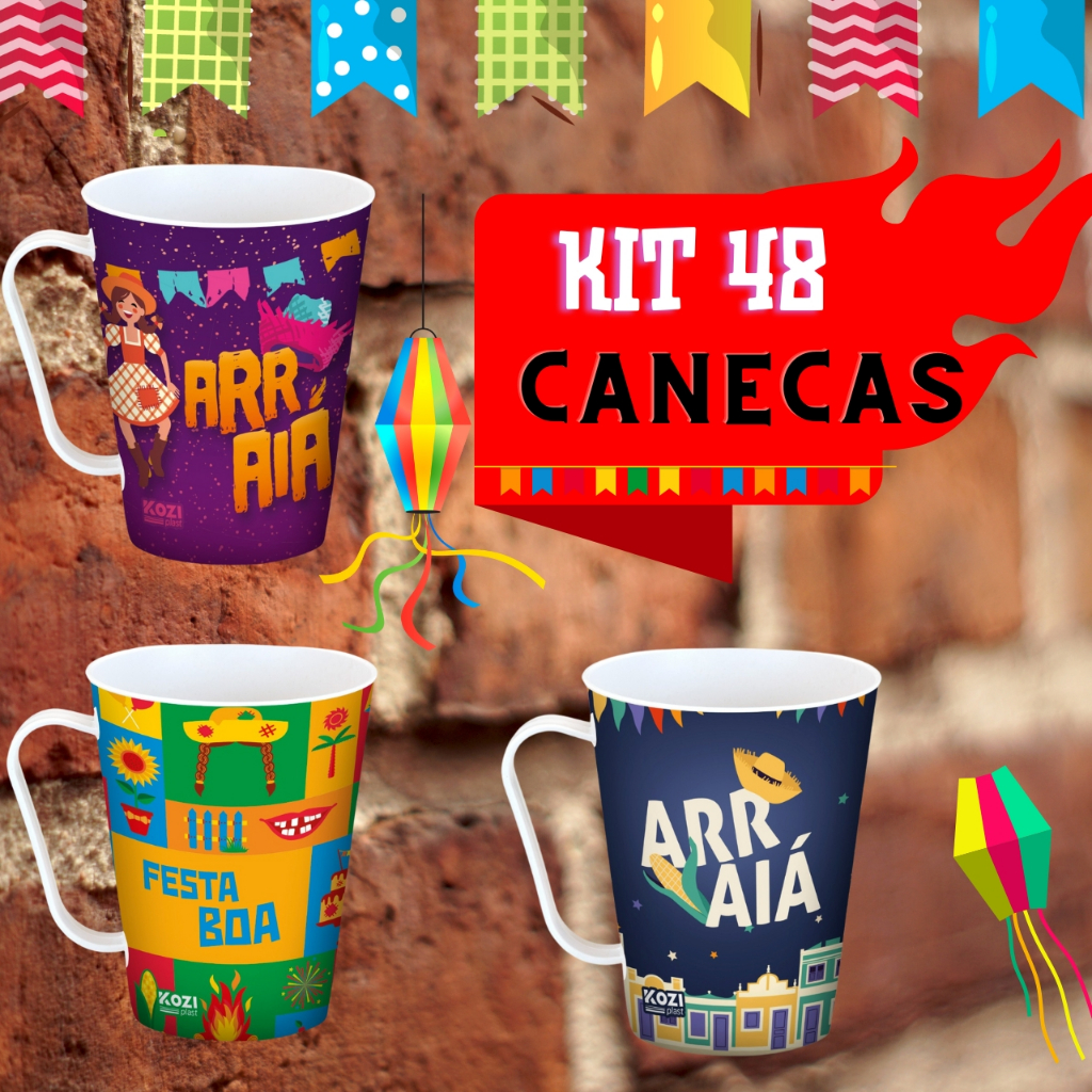 Kit Com 48 Canecas Decoradas Plástico 430ml Festa Junina São João Atacado Revenda Vinho Quente Quentão Caipira BPA FREE micro-onda, Freezer e Lava-louças Sortidas