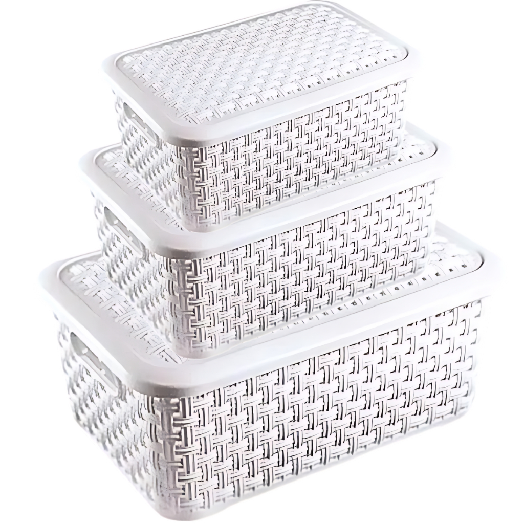 Kit 3 Cestos Rattan Branco Tampa Pequeno Médio Grande Organizadores Organizador Armário Prateleira