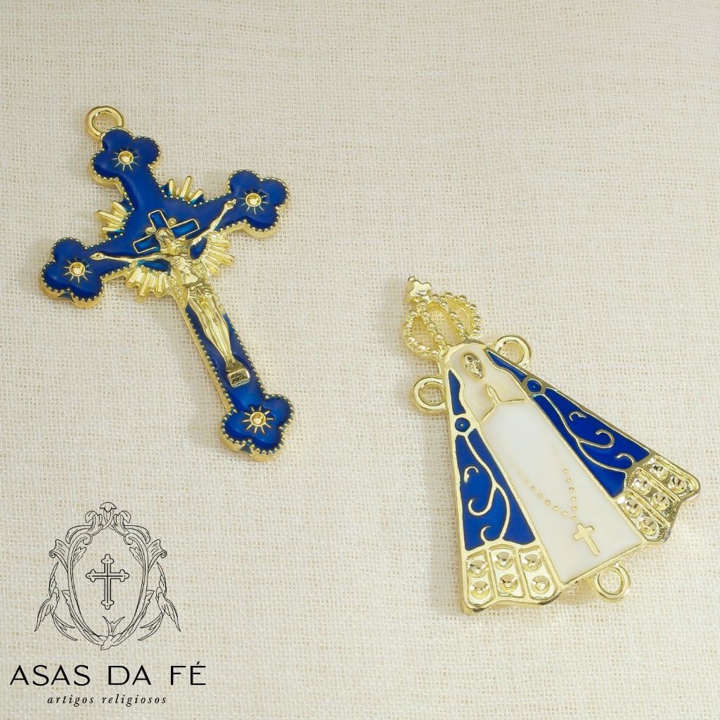 5 Crucifixo Azul + 5 Entremeio NSa Aparecida Dourado C/ Manto Resinado Para Terço