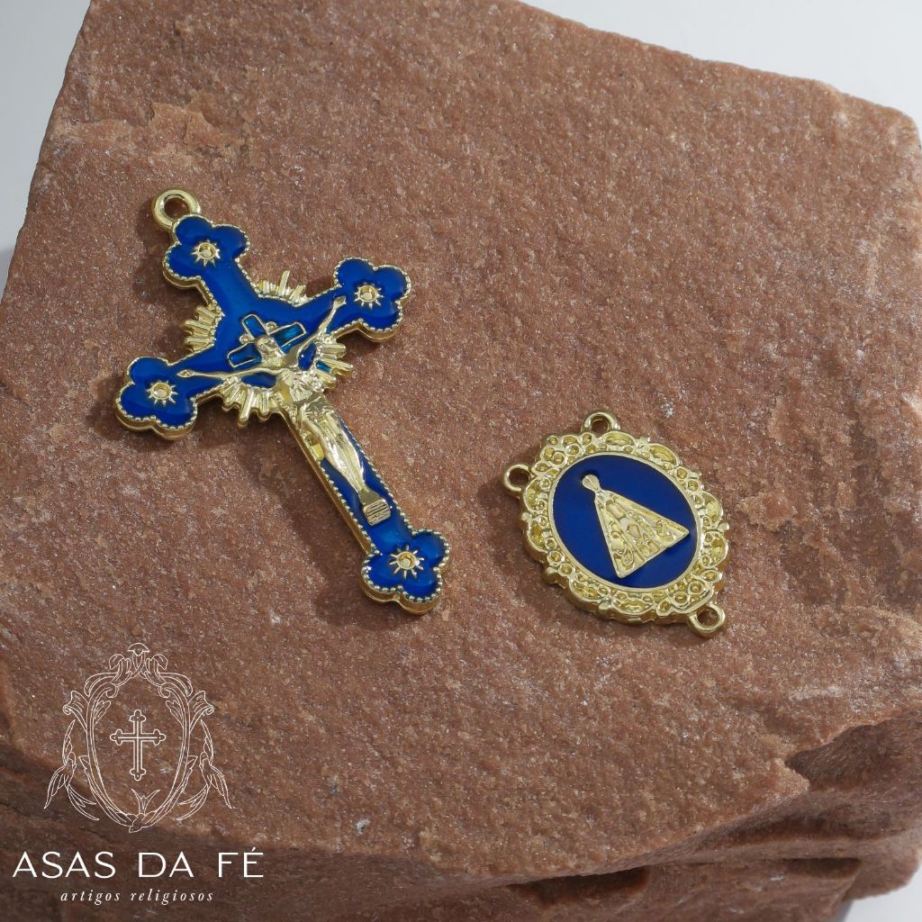 5 Entremeios Azul 5 Crucifixos Nossa Senhora Aparecida Resinado Dourado Para Terço Alta Qualidade