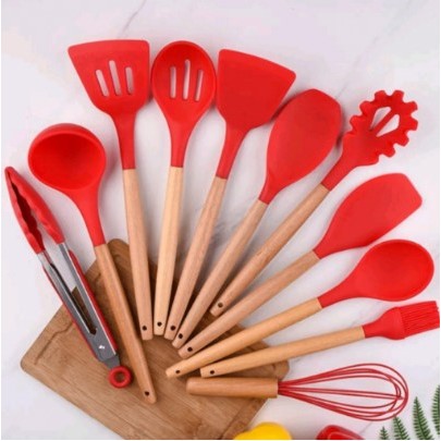 Conjunto Kit de 12 Peças Utensílios de Cozinha Premium Silicone e Madeira Antiaderente - BPA Free Suporte Resistente a Altas Temperaturas