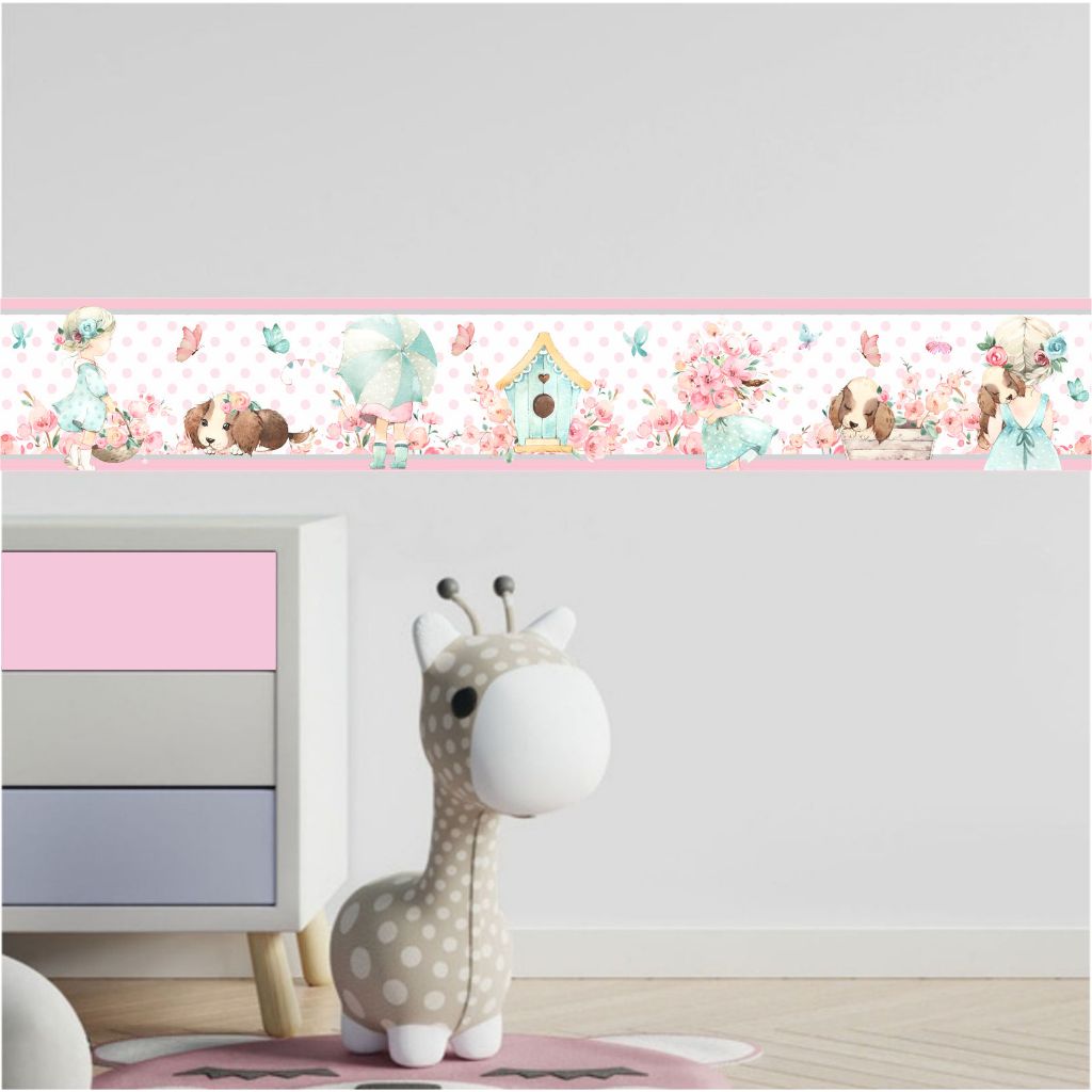 Faixa Adesiva Decorativa Menina Jardim Aquarela  - Papel de Parede Infantil Quarto de Menina