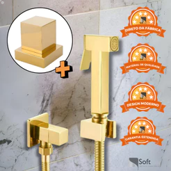 Kit Ducha Higiênica Quadrada Dourada/Gold + Acabamento de Registro Quadrado P/Deca Dourado