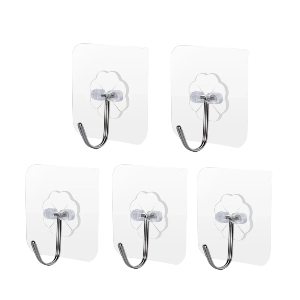 Kit 5 Ganchos Adesivo Transparente Super Aderência Quadro Parede Sem Furos Para Cozinha Multiuso