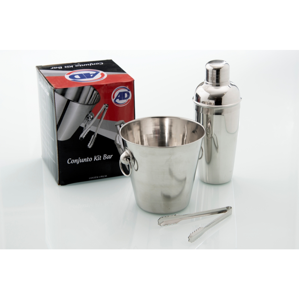 Kit Bar Coqueteleira Balde Pegador Gelo Em Aço Inox 3 peças Completo Design Elegante