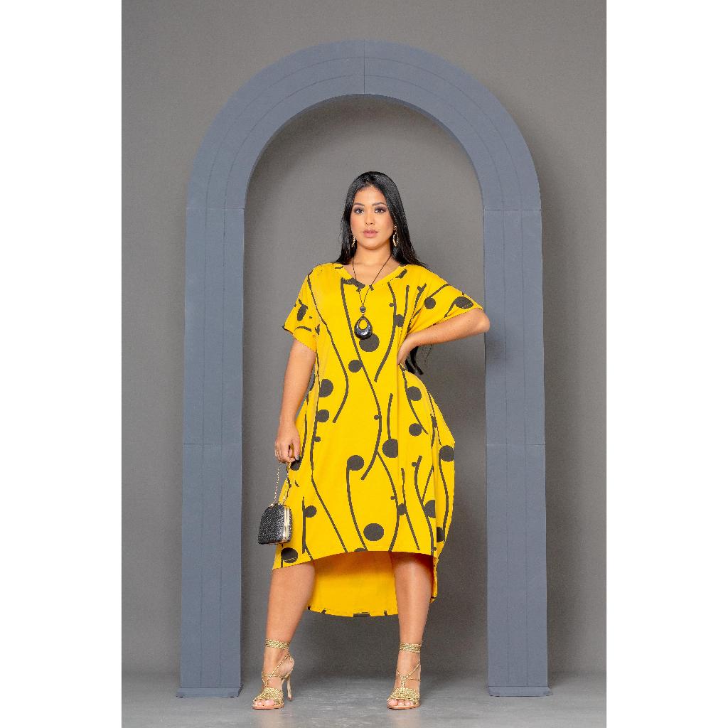 Vestido Mullet Moda Plus Size Feminina Bolso Max Manga Curta  Estampa Bola Moda Verão Lançamento Feminino