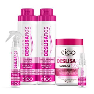 Eico Deslisa Fios Shampoo Sem Sal e Condicionador 800ml + Máscara Hidratação + Óleo Reparador + Spray Protetor Térmico