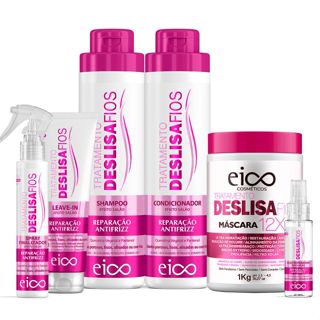 Eico Deslisa Fios Shampoo Condicionador 800ml + Máscara Hidratação + Óleo Reparador + Leave-in + Spray Protetor Térmico