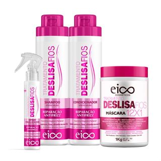 Eico Deslisa Fios Shampoo Sem Sal e Condicionador Leave-in 800ml + Máscara Hidratação 1kg + Spray Protetor Térmico