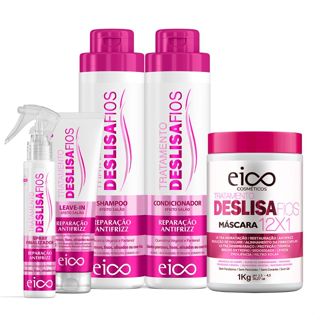 Eico Deslisa Fios Shampoo Sem Sal e Condicionador 800ml + Máscara Hidratação + Creme Leave-in + Spray Protetor Térmico