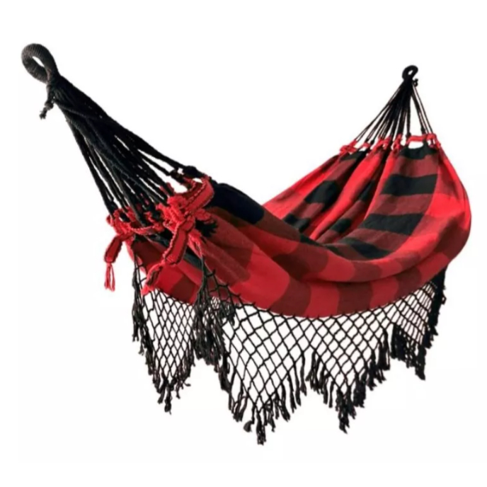 Rede de descanso balanço vermelho c/ preto 1.40 x 3.60 M casal varanda lazer camping confortavel
