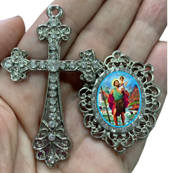 Cruz entremeio de São Cristovão níquel com strass, material  para terço católico