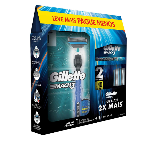 Gillete Mach3 Aparelho De Barber Aqua Grip Com Carga + 2 Refis De Carga (Kit Promocional)