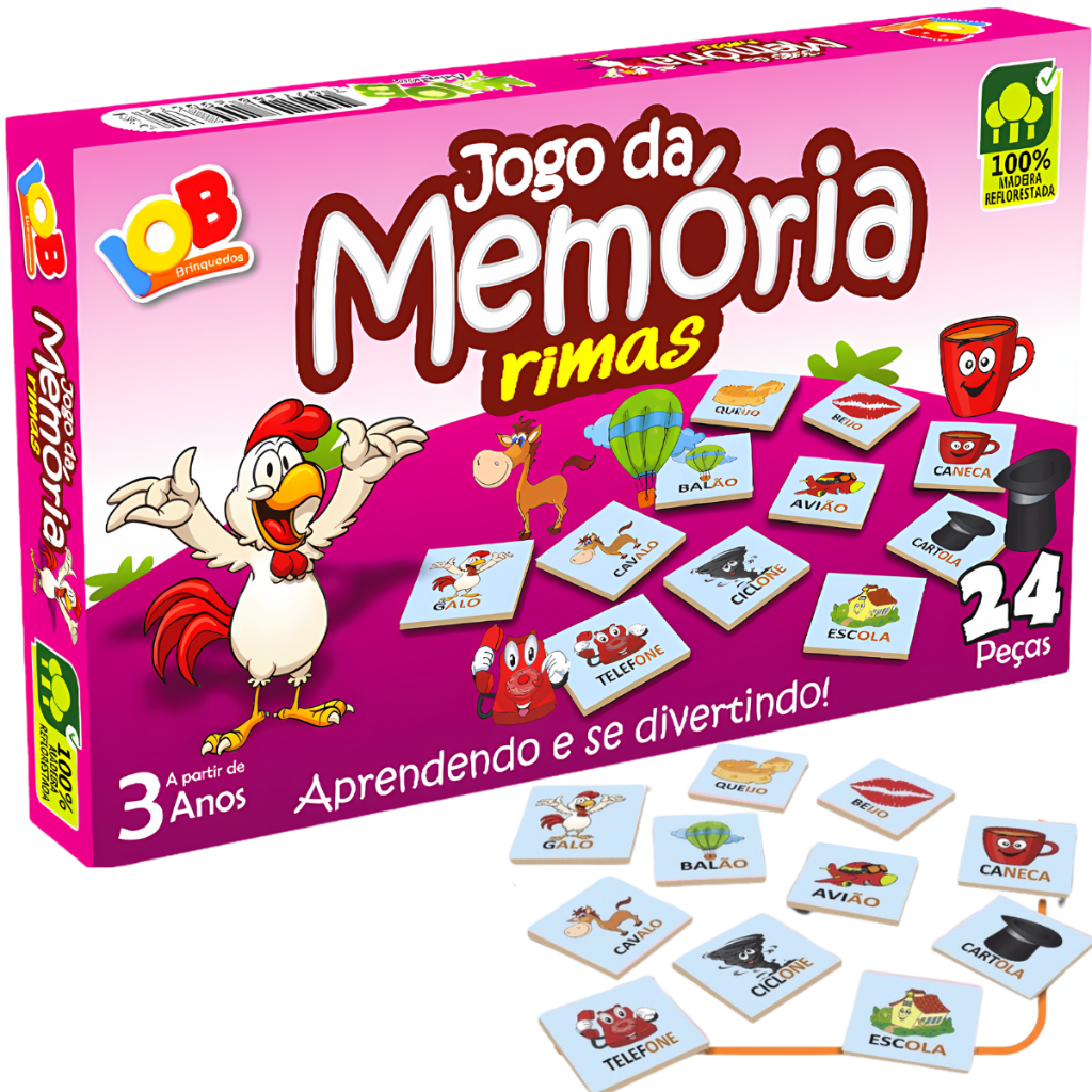 Brinquedo Educativo Pedagógico Jogo Memória Rimas 24 Pçs Madeira Alfabetização Português infantil em Oferta na Shopee