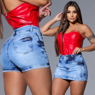 Short Saia Jeans Premium luxo Cintura cós alto com LAYCRA em Oferta na Shopee