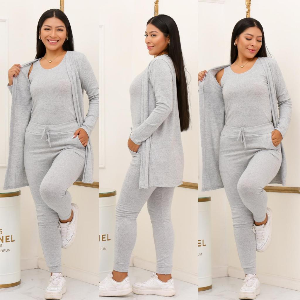 CONJUNTO FEMENINO LANZINHA 3 PEÇAS  REGATA, CARDIGA E CALÇA