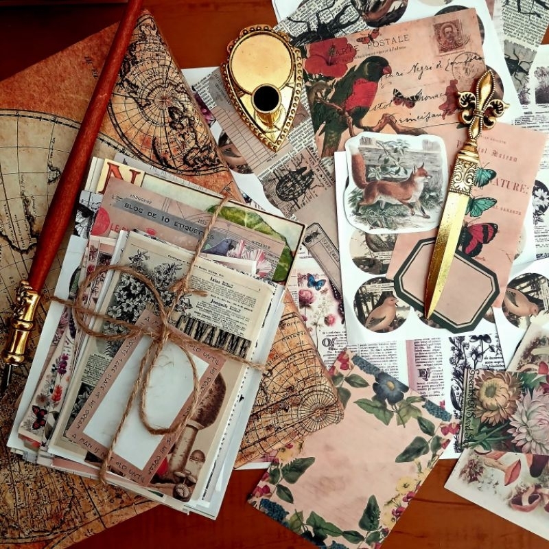 Kit 40-60pçs papéis vintage para scrapbook - Papelaria criativa