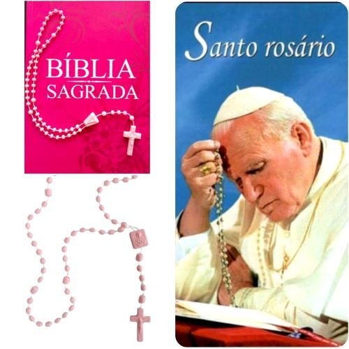 Livro Bíblia Sagrada Católica Rosa + Terço + Livreto Santo Rosário  - Religião