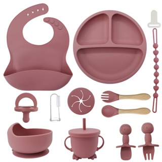 12 PCS/Conjunto Talheres do Bebê Prato De Jantar De Silicone Para Bebês Com Tigela De ventosa Sippy Cup Bibs Colher kit em Oferta na Shopee