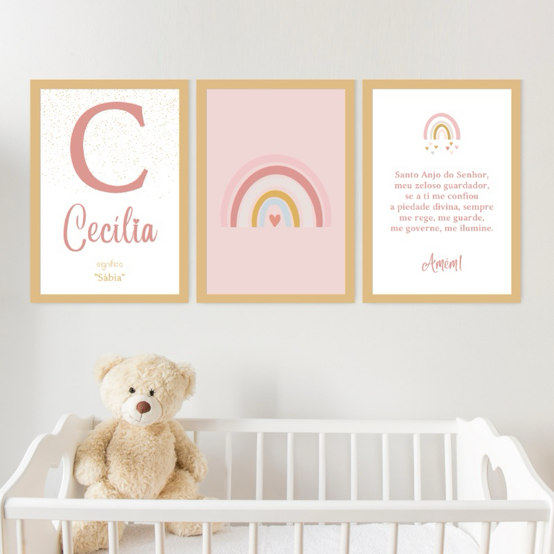 Kit 3 Quadros Decorativos Infantil Personalizado Nome Bebê Para Quarto Ou Porta Maternidade Arco-íris Rose