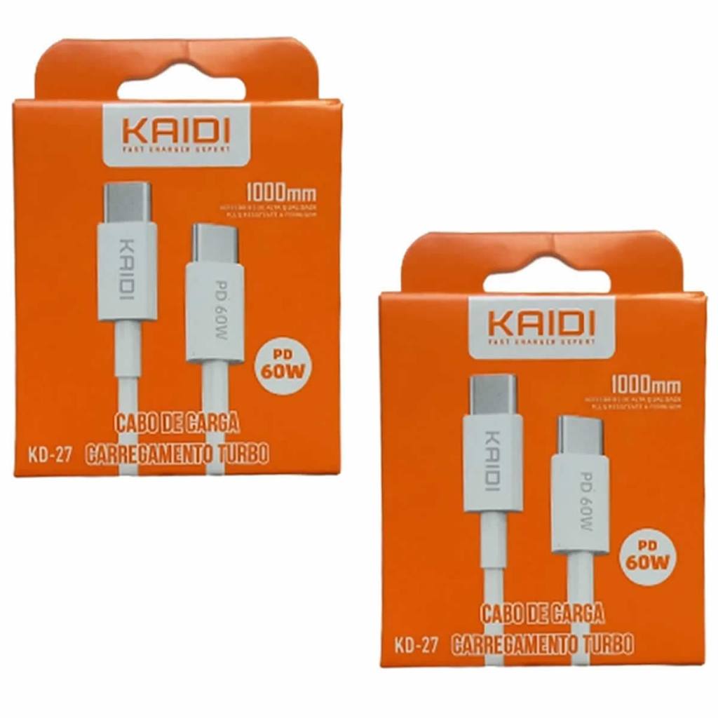 Kit 2 Cabo Carga e Dados Celular USB c / Tipo C Turbo PD 60w 1 Metro Kaidi KD-27 Carregador Type C Resistente Duas Unidades