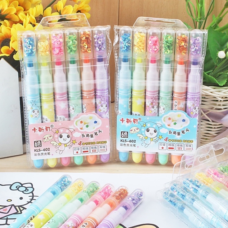 6 Cores Marca Texto Ponta Estrela e Lantejoulas Com Glitter no Tampa Papelaria/Escritório/Escola/Material KLS-602