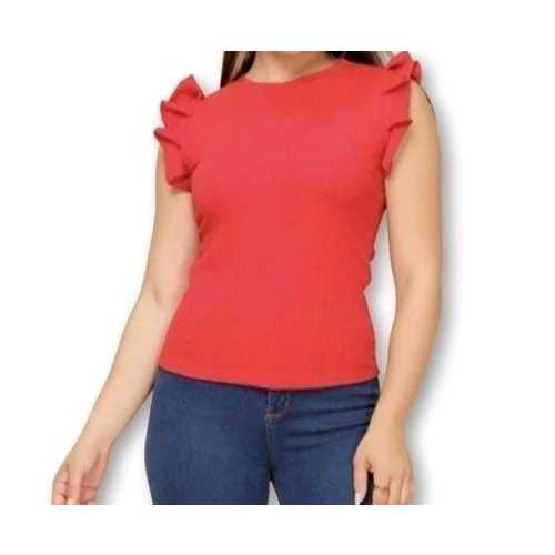 Blusa feminina canelada manga curta babado moderna tendência versátil