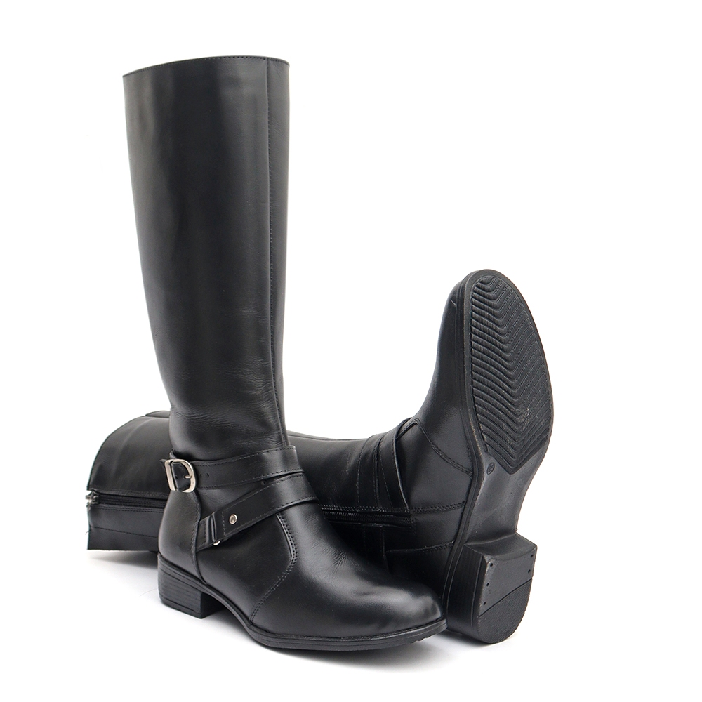 Bota Feminina Montaria Country Couro Legitimo Cano Longo Zíper Lateral Detalhada Com Metal Interior Forrada Lançamento