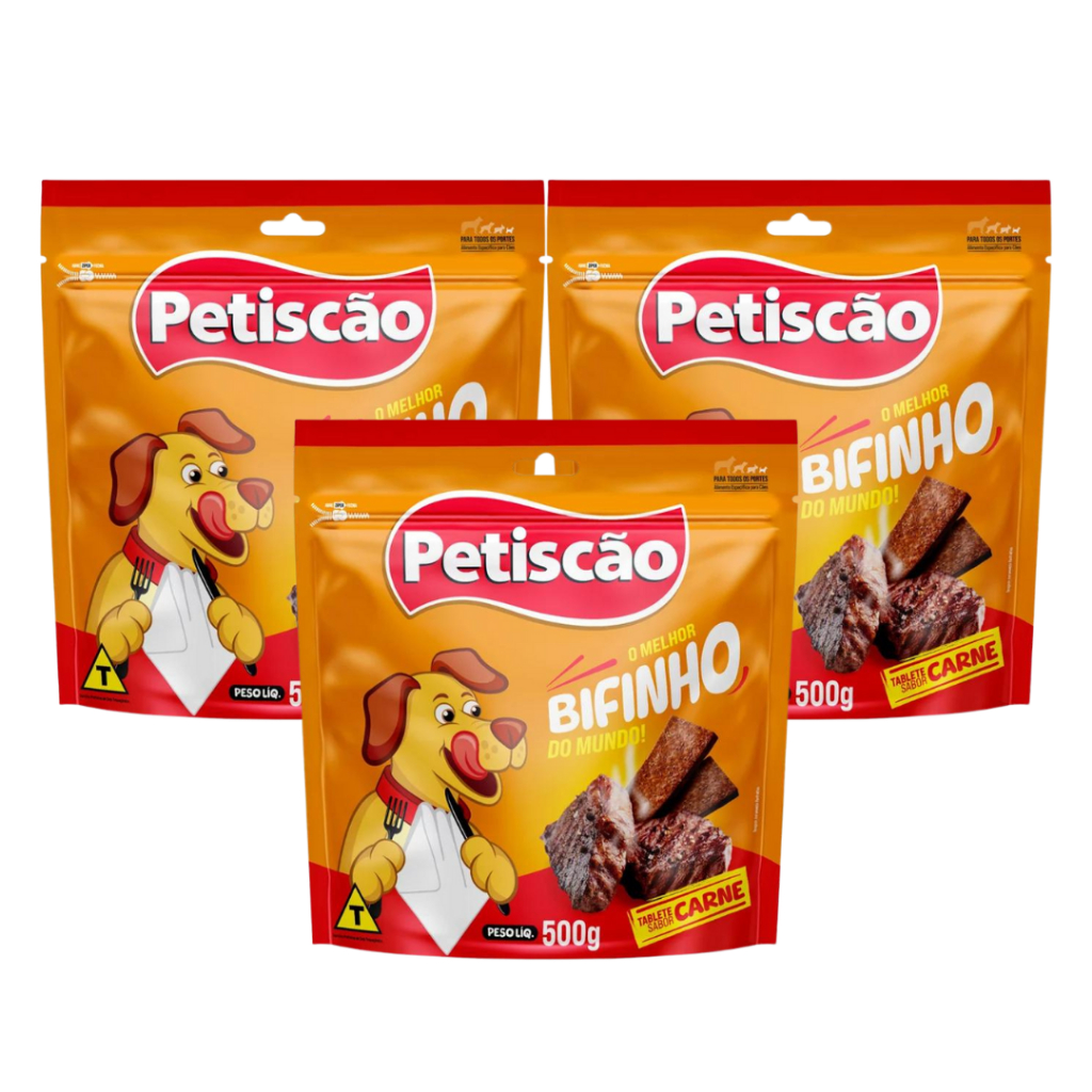 Kit 3 Bifinho Petiscão Carne 500g Petisco para Cães Alta Palatabilidade Macio Saboroso