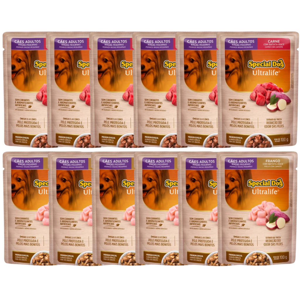 Kit 12 Sachês Special Dog Adultos Raça Pequena Carne e Frango Alimento Úmido para Cães