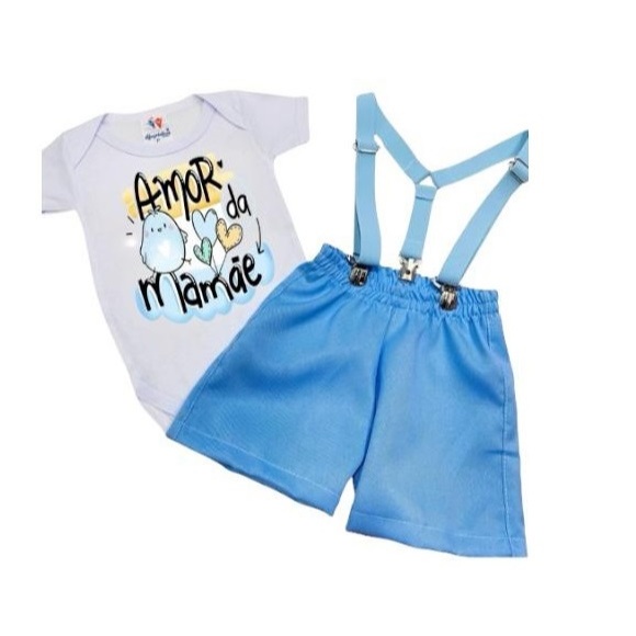 Conjunto Roupa Infantil Bebê Menino Dia Das Mães Body Frase Amor Da Mamãe Short e Suspensório