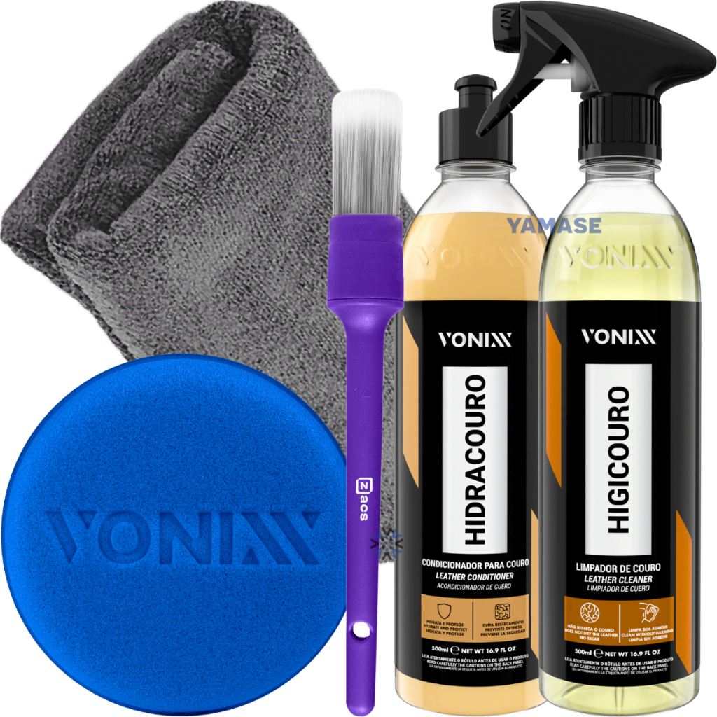 Limpa Couro Higicouro Vonixx + Hidracouro Vonixx + Toalha Microfibra + Aplicador e Pincel para Detalhamento Kit