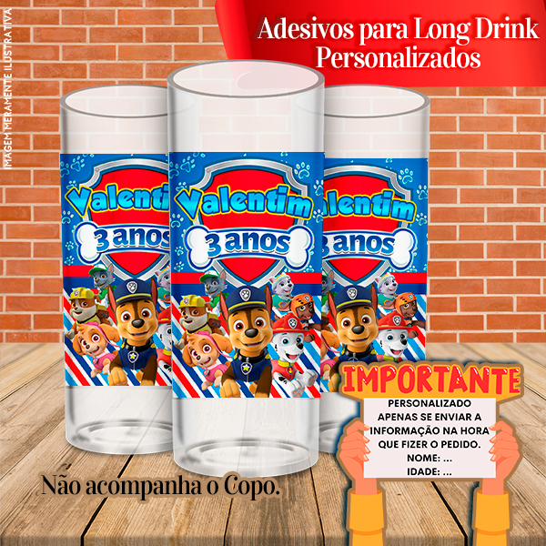 Adesivos Personalizados para Copo Long Drink Patrulha Canina