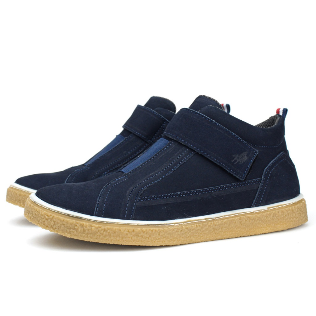 Tênis Casual Couro Masculino Solado Natural Borracha Cano Alto Ajustável Conforto Marinho