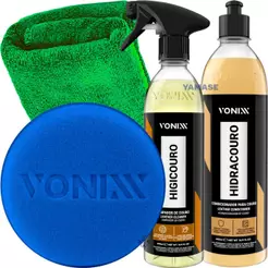 Kit Limpeza e Hidratação de Couro Higicouro 500ml Hidracouro 500ml Vonixx Aplicador Vonixx Pano