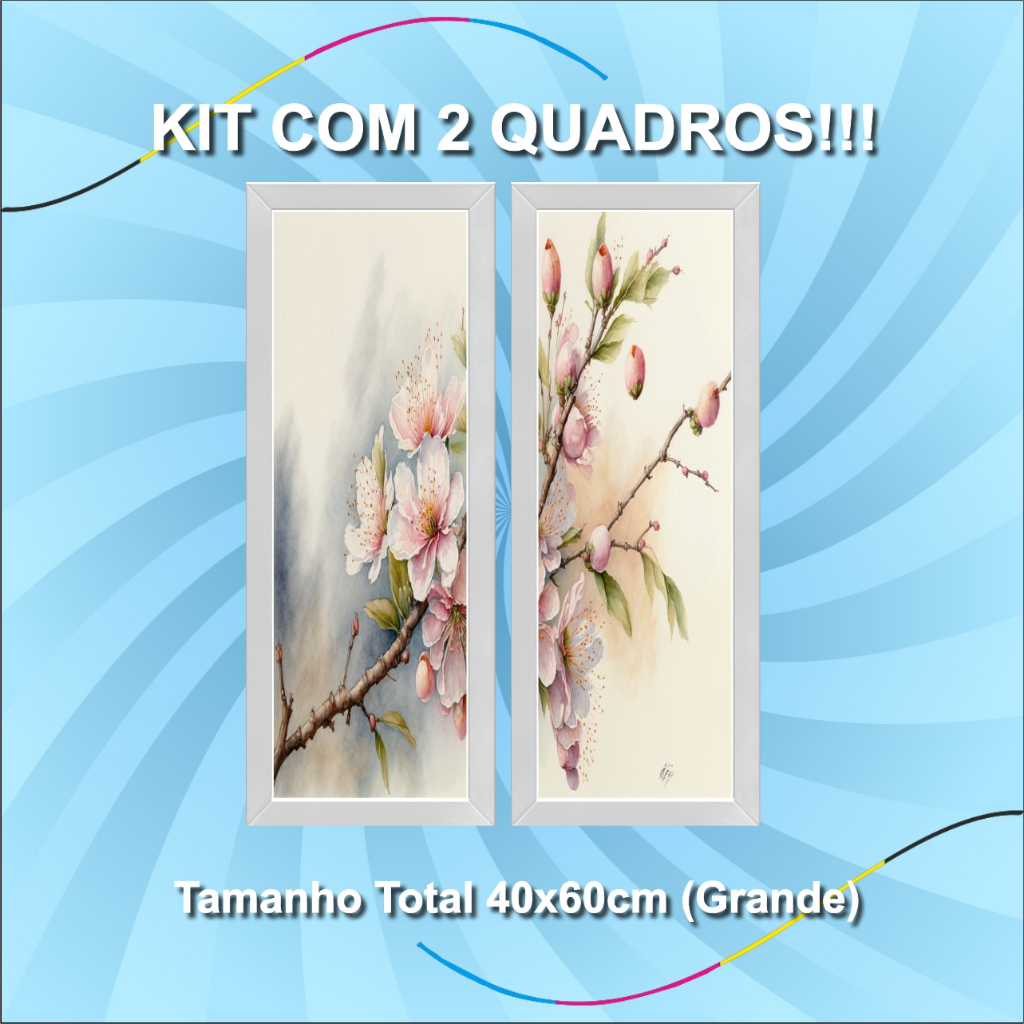 Kit com 2 peças, Quadro decorativo, Lavado, sala, quarto, banheiro, Flor de cerejeira, Cerejeira.