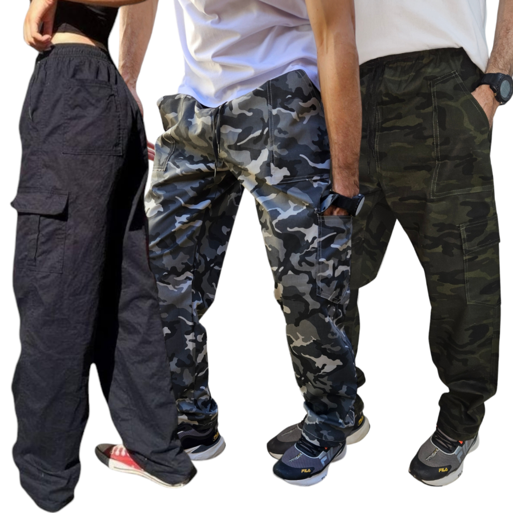 Calça Cargo Sarja Skate Casual Moda Unissex Masculino Feminino Drop, Calça Larga 5 Bolsos Preta Bege camuflada