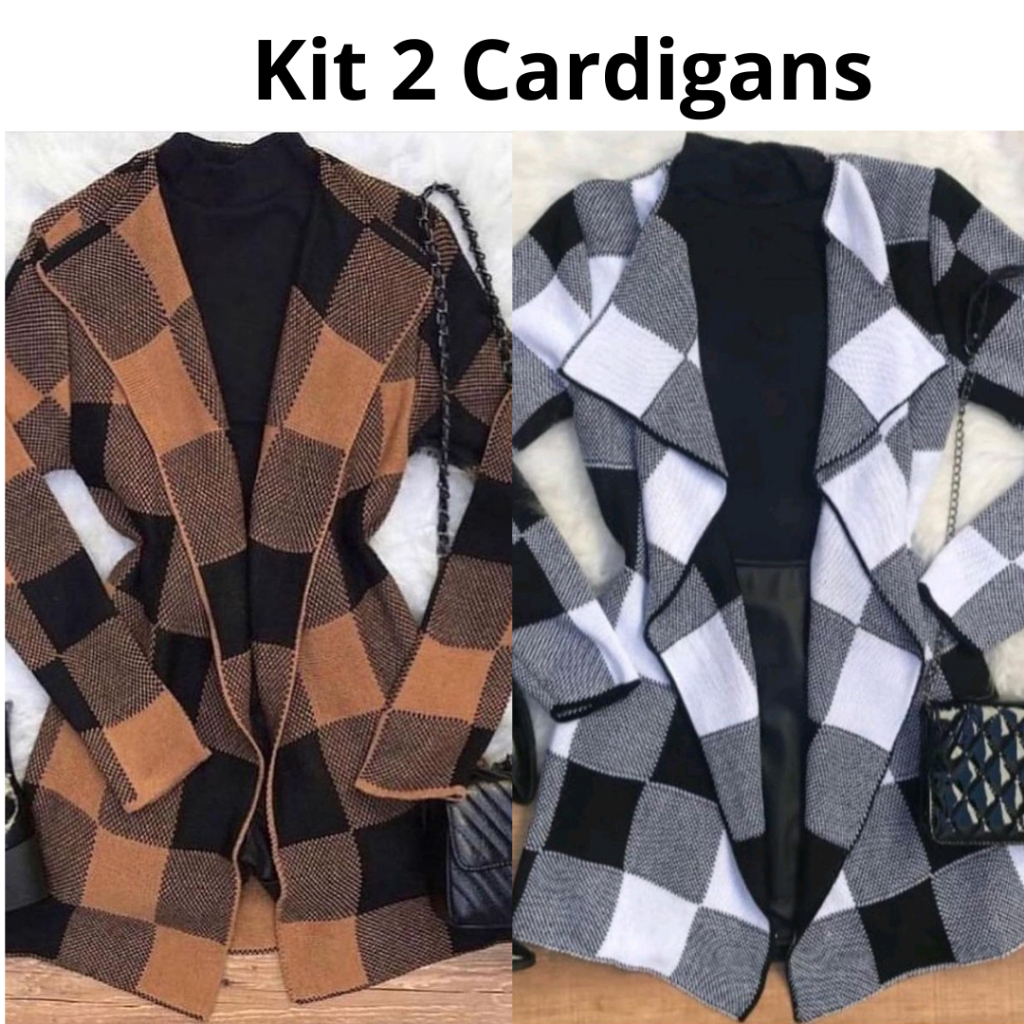 Kit 2 Casacos de Frio Feminino de Tricô Xadrez Cardigan Inverno