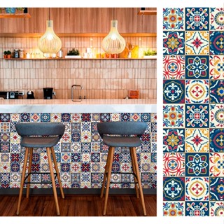 Papel de Parede Estilo Azulejo Ladrilho Hidráulico em Tons Coloridos, Adesivo Lavável Cozinha em Oferta na Shopee