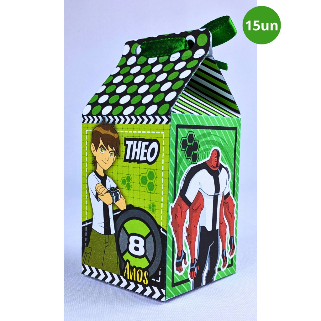Kit 15 Caixinhas Personalizadas Formato Milk Ben 10 de Papel Offset 180g Para Festas Infantis Temáticas