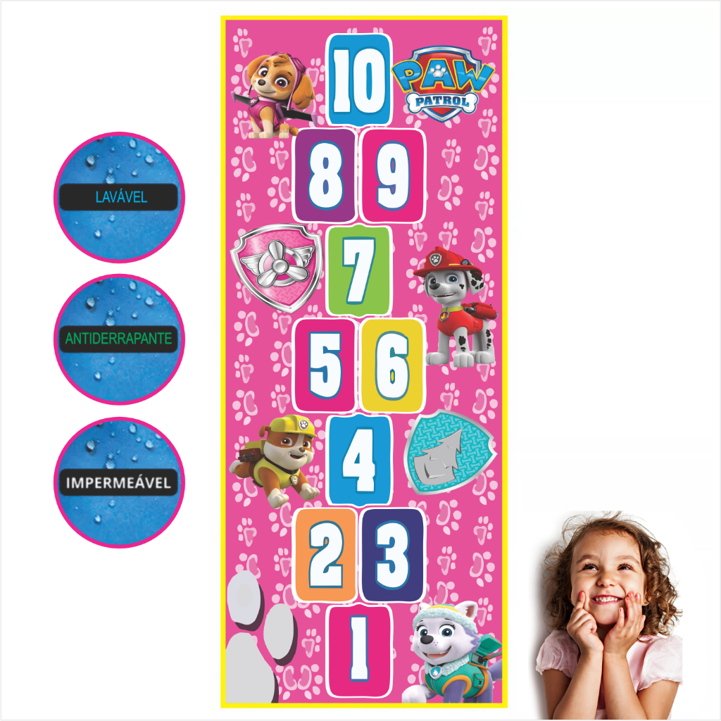 Tapete Amarelinha Impermeável Sensorial Patrulha Canina Educativo medida 70x180 cm envio imediato