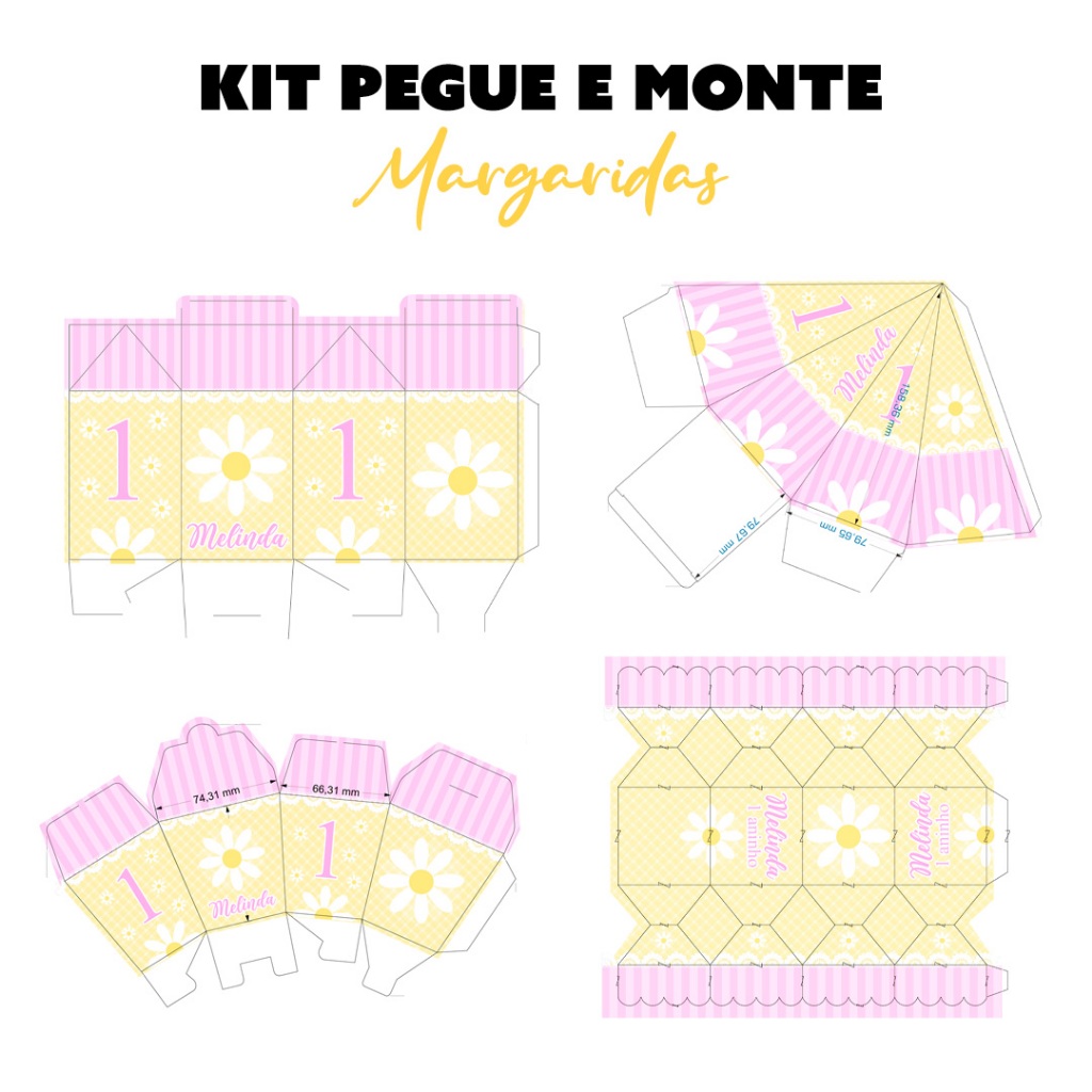 Kit Pegue Monte Personalizados Margaridas 20 a 60 Caixinhas Lembrancinhas Aniversário Jardim