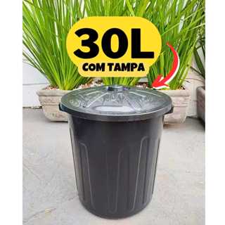 Lixeira 30L Redonda c/ Tampa e Alça - Plástico Preto